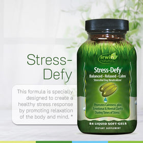 Irwin Naturals Stress-Defy 2 Pack gélules liquides sur table