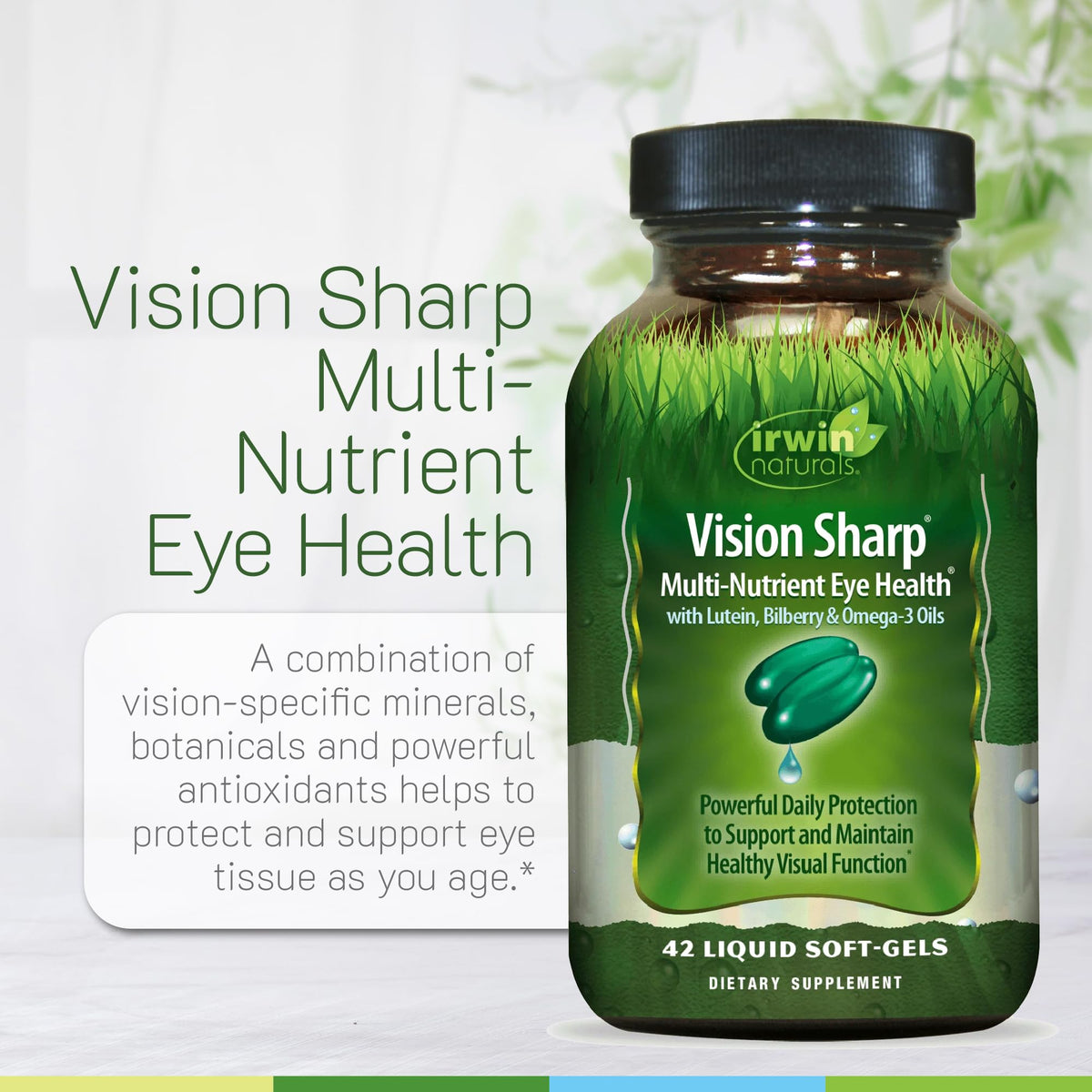 Irwin Naturals Vision Sharp en milieu de vie avec livre et lunettes