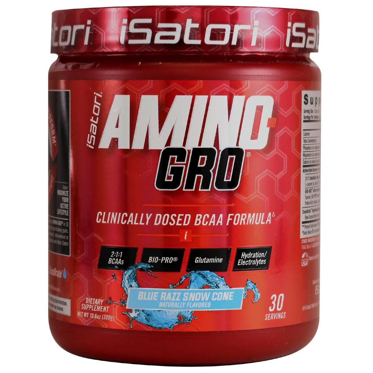 iSatori Amino-GRO BCAA Poudre Saveur Blue Razz 358g vue de face