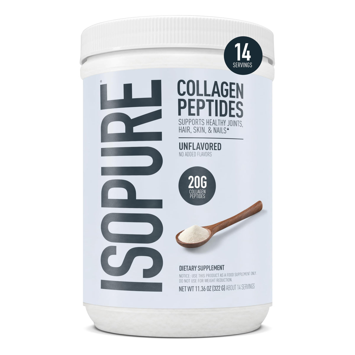 Isopure Poudre de Collagène 20g vue avant avec emballage
