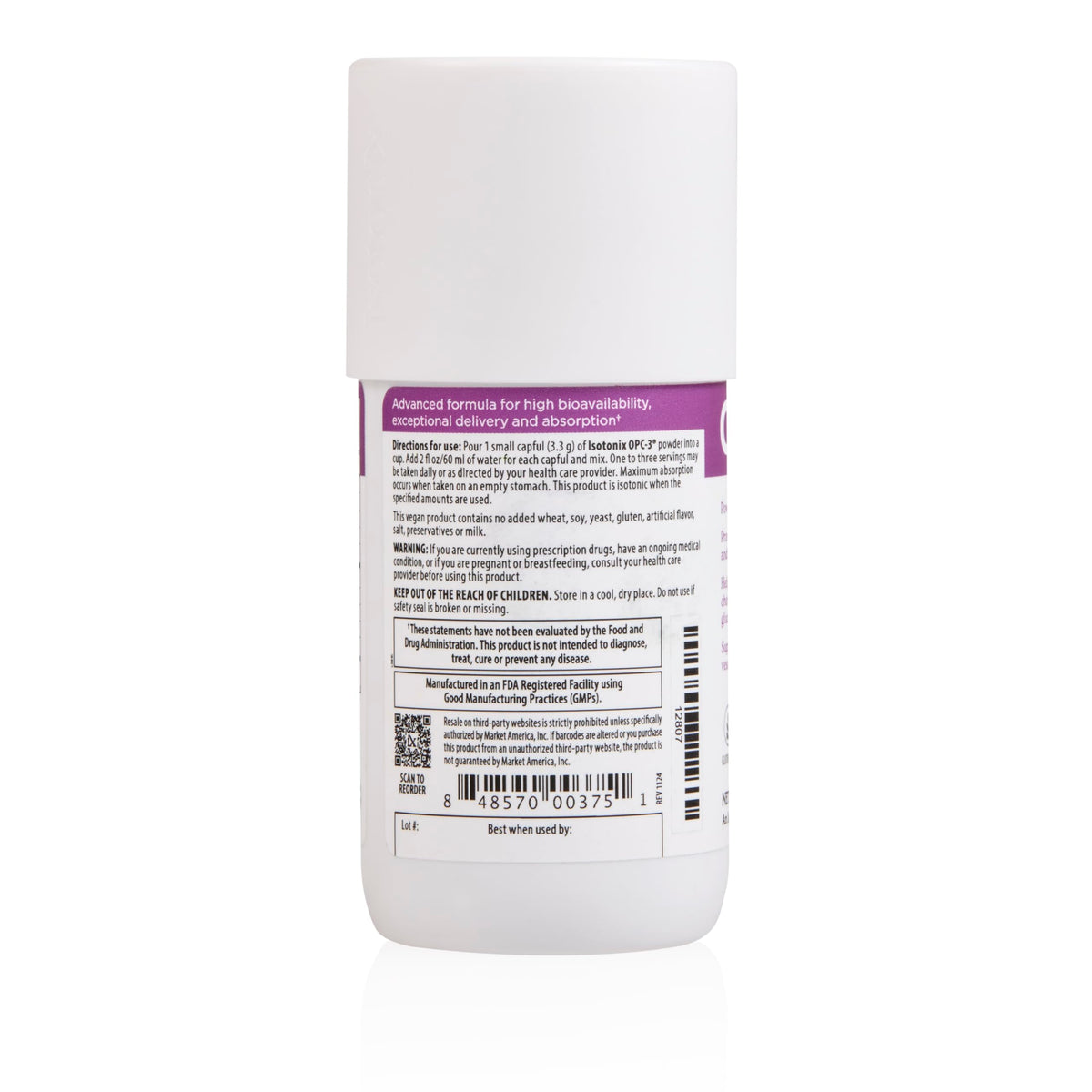 Isotonix OPC-3 complément en vue de dos avec informations nutritionnelles