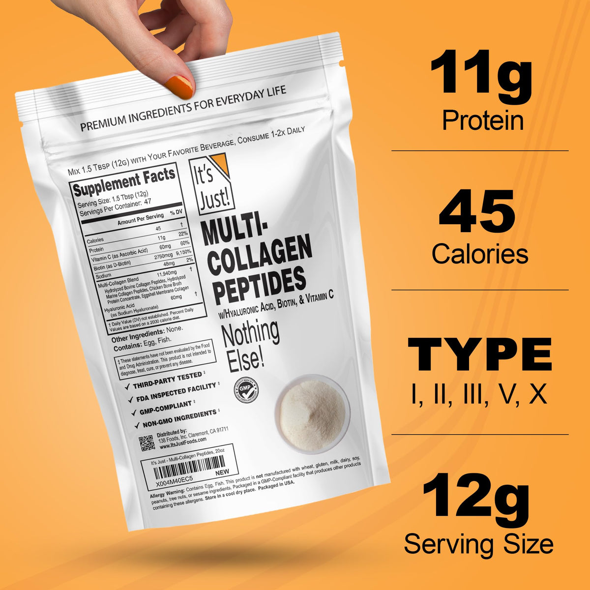 It's Just! Multi Collagen Peptides 590g ingrédients listés sur l'emballage