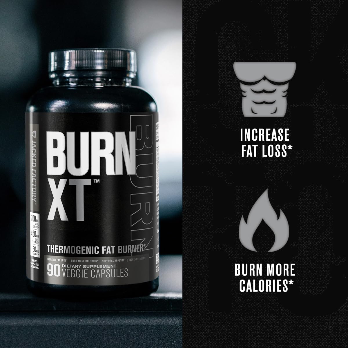 Jacked Factory Burn XT Black étiquette du flacon avec ingrédients clés
