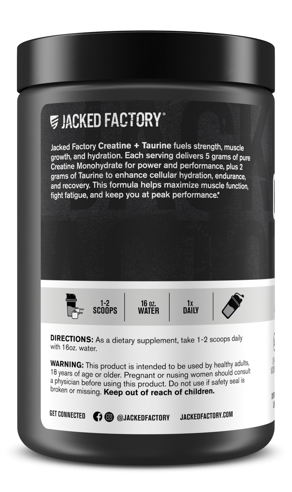 Jacked Factory Créatine + Taurine 5000mg sur une table de gym