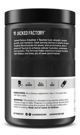 Jacked Factory Créatine + Taurine 5000mg sur une table de gym