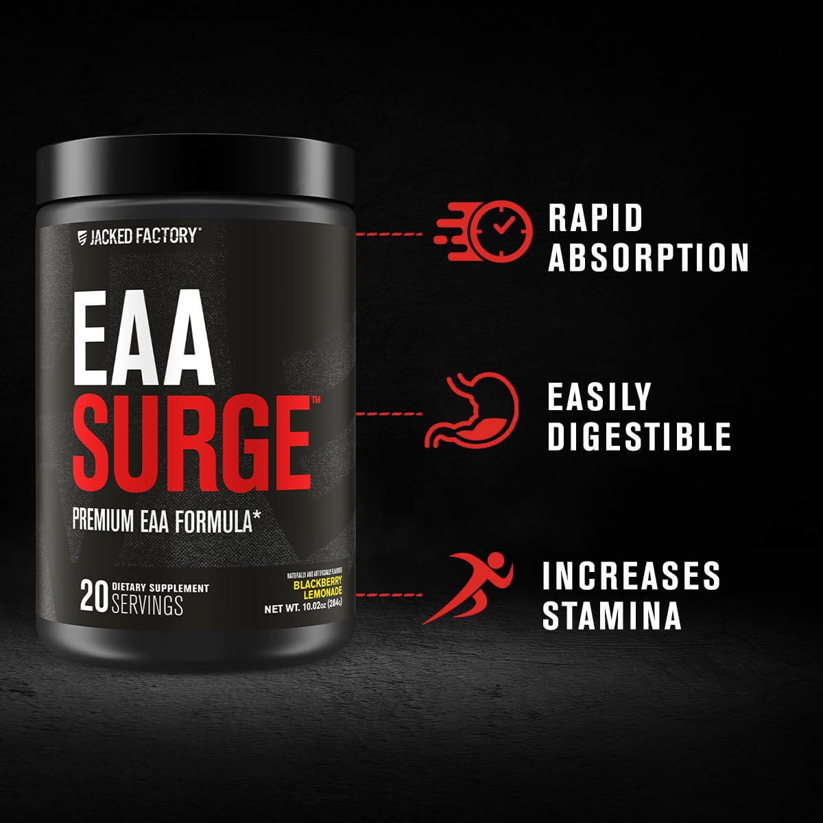 Jacked Factory EAA Surge Poudre d'acides aminés essentiels 372g mélange dans un verre