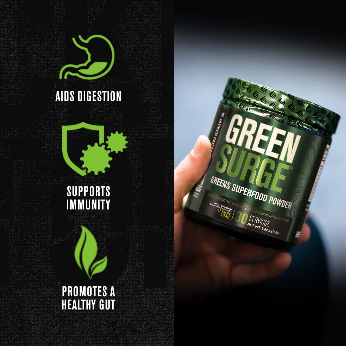 Jacked Factory Green Surge Poudre Superaliment 18g Saveur Pomme Acide en poudre dans un verre