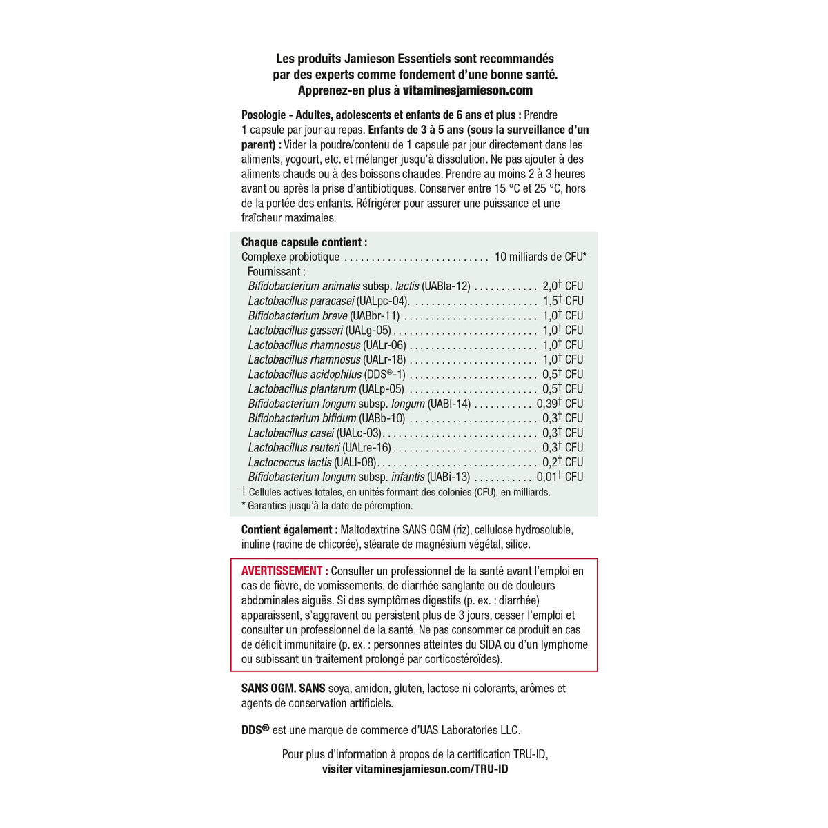 Jamieson 10 Milliards avec informations nutritionnelles