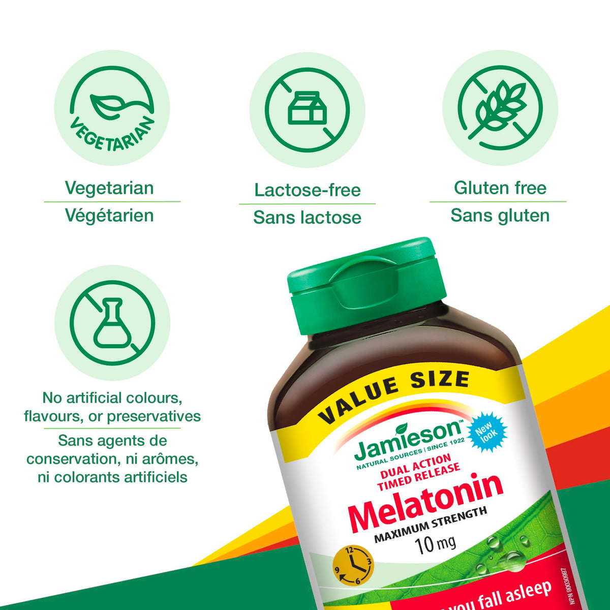 Jamieson Mélatonine 10mg comprimés sur une table