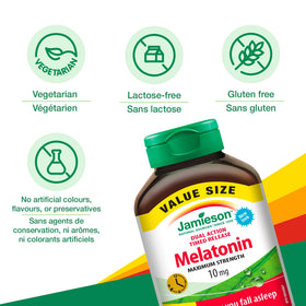 Jamieson Mélatonine 10mg comprimés sur une table