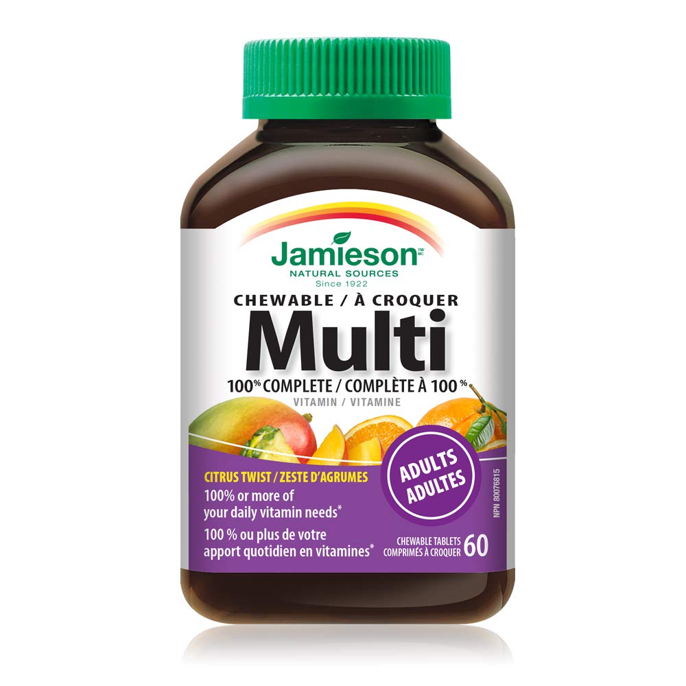Jamieson Multivitamines Mâchables 100% Complets - tablettes sur une surface blanche