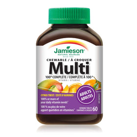 Jamieson Multivitamines Mâchables 100% Complets - tablettes sur une surface blanche