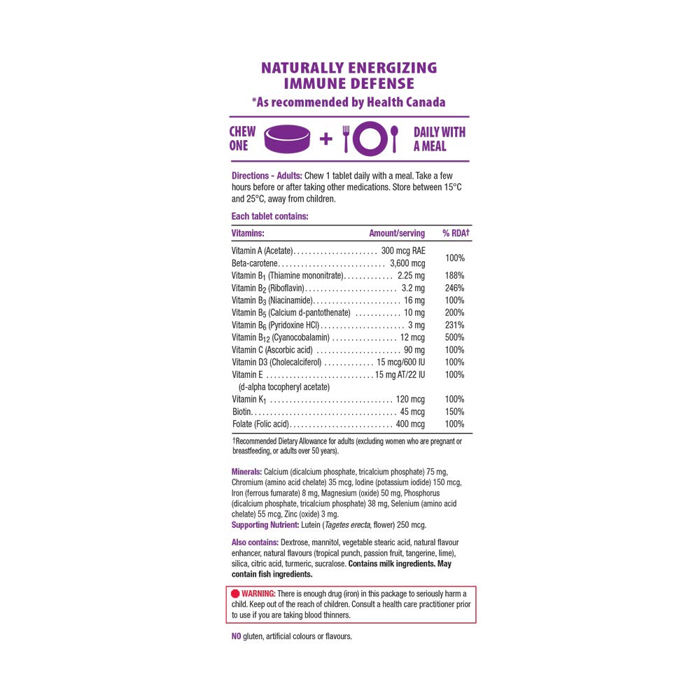 Jamieson Multivitamines Mâchables - dosage recommandé sur l'emballage