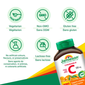 Jamieson Vitamine C Orange 500mg 120 comprimés avec un verre d'eau