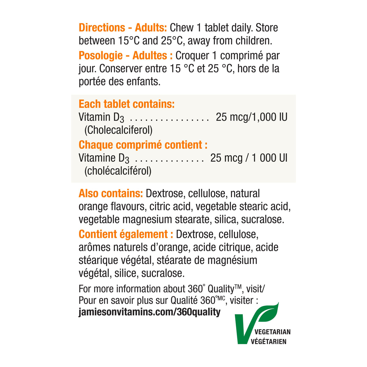 Jamieson Vitamine D3 1000 IU comprimés à mâcher, vue de côté