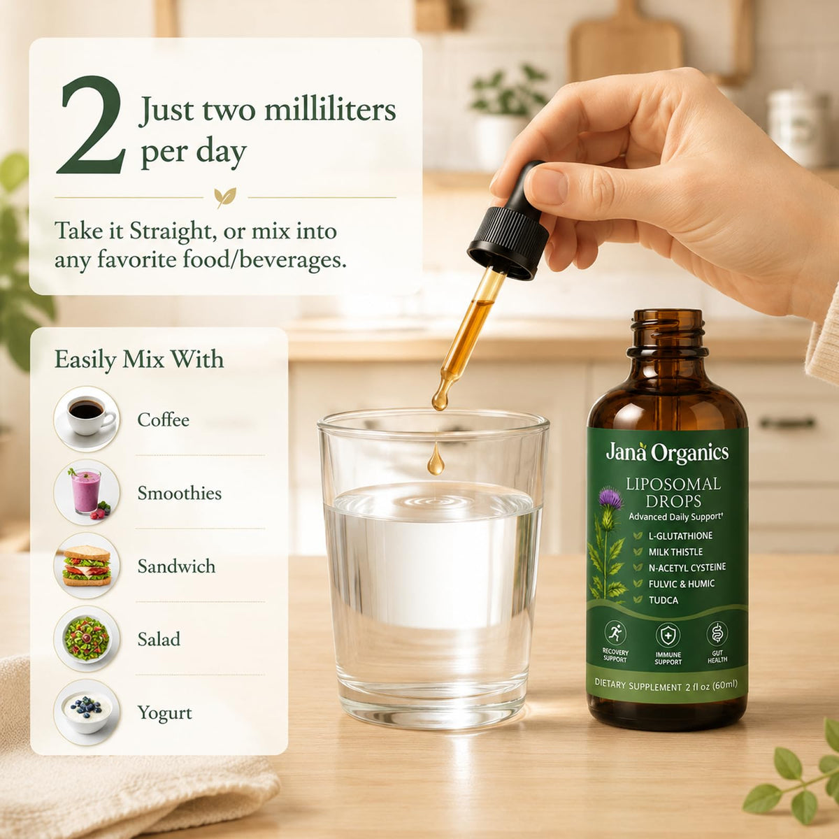 Jana Organics Complément Alimentaire Liquide avec des herbes en arrière-plan