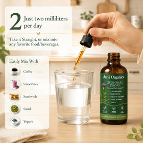 Jana Organics Complément Alimentaire Liquide avec des herbes en arrière-plan