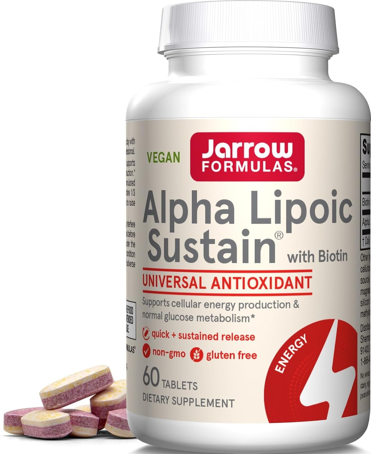 Jarrow Alpha Lipoic Sustain 300 mg avec Biotine, avant du flacon