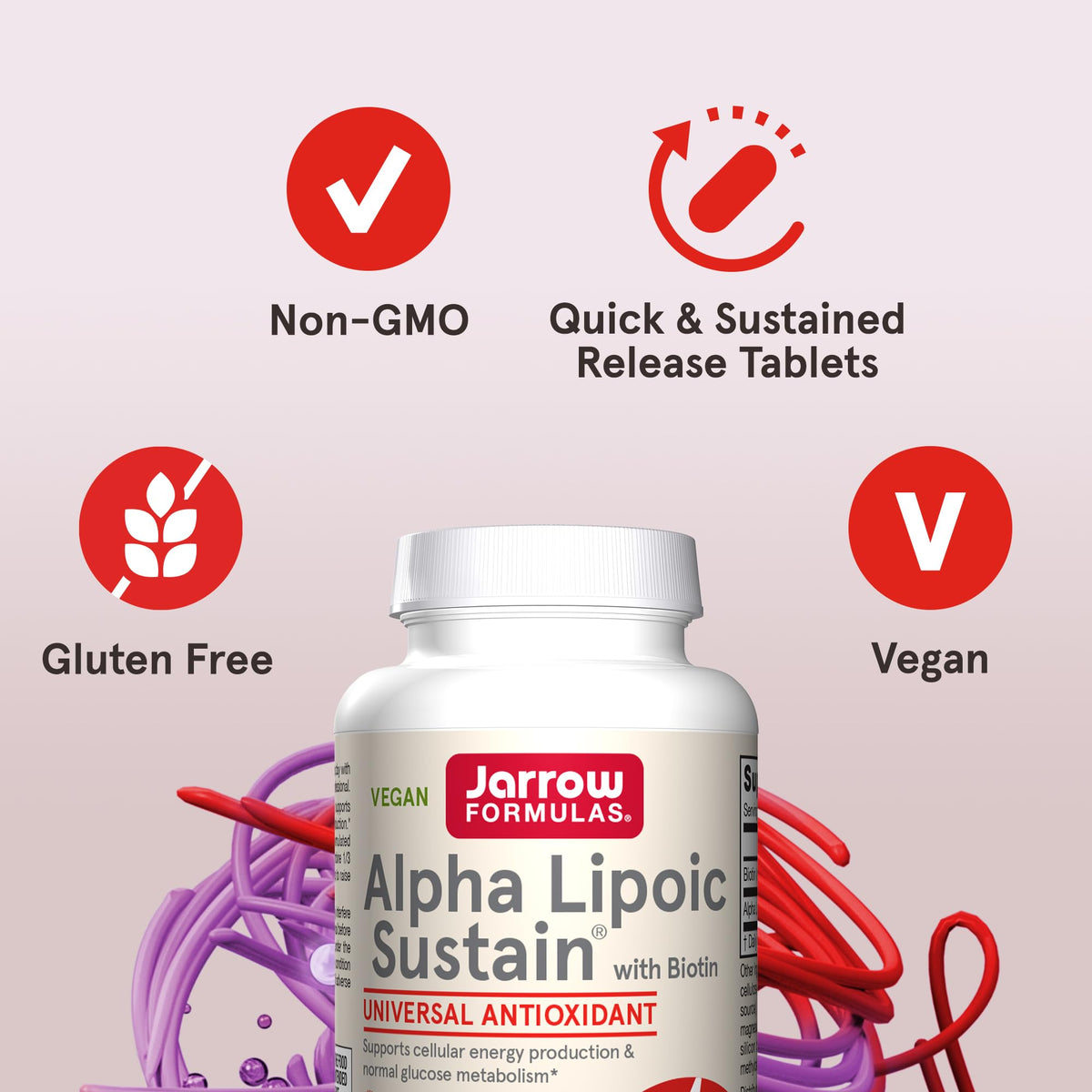 Jarrow Alpha Lipoic Sustain 300 mg, vue latérale du flacon