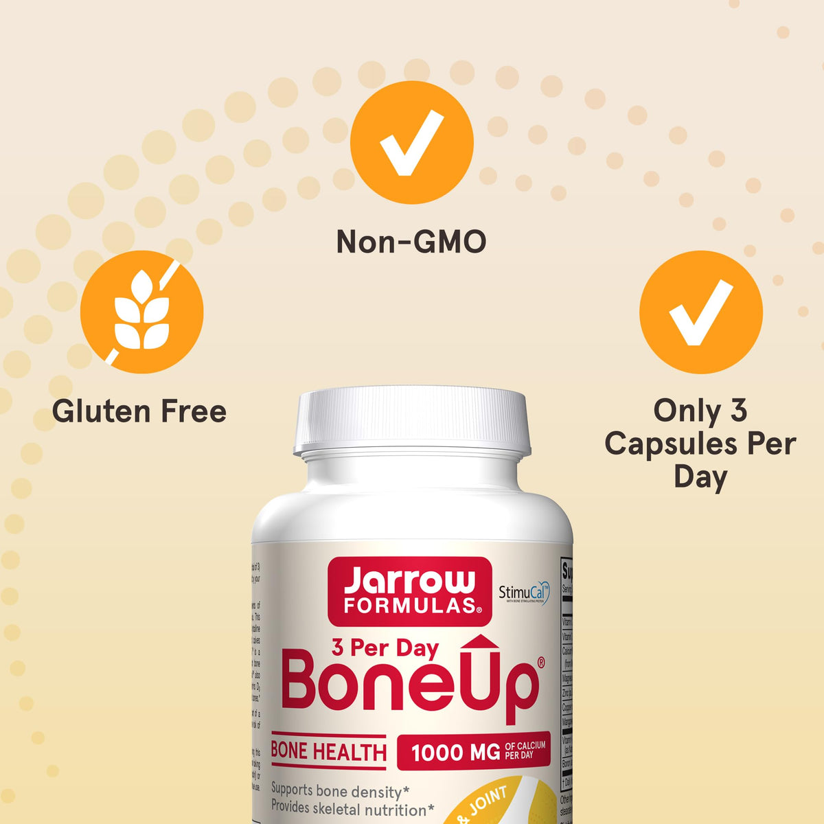 Jarrow BoneUp Trois Par Jour capsules sur table