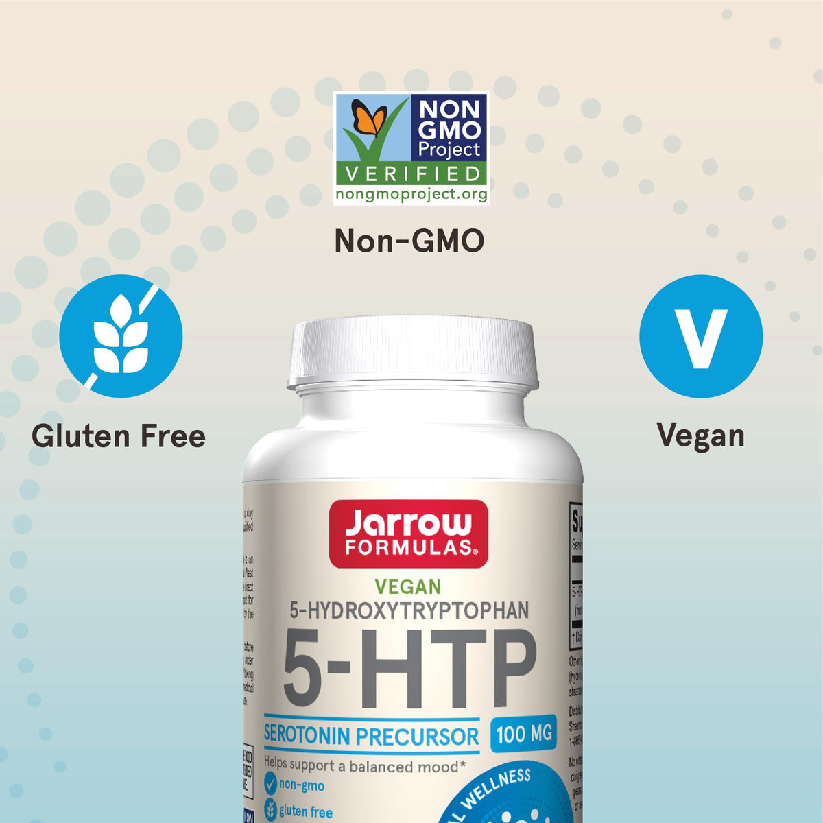 Jarrow Formulas 5-HTP Capsules avec étiquette détaillée
