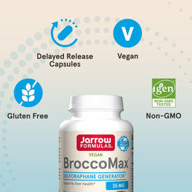 Jarrow Formulas BroccoMax 35 MG Sulforaphane bottle on a wooden table