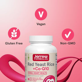 Jarrow Formulas CoQ10 et Riz Rouge 1200 mg sur une table en bois