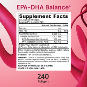 Jarrow Formulas EPA-DHA Balance sur une table avec des aliments sains