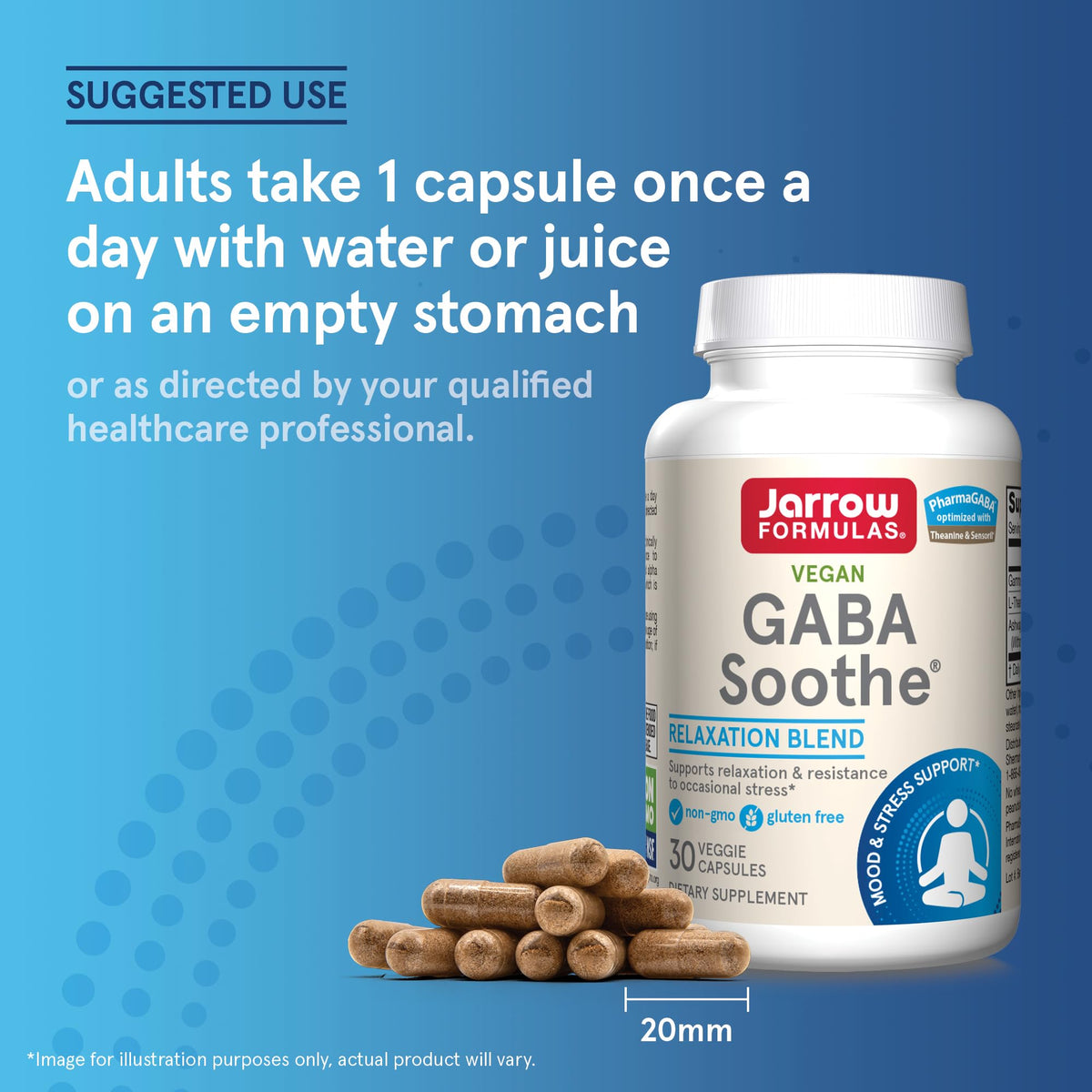 Jarrow Formulas GABA Soothe 30 Capsules, étiquette avec ingrédients