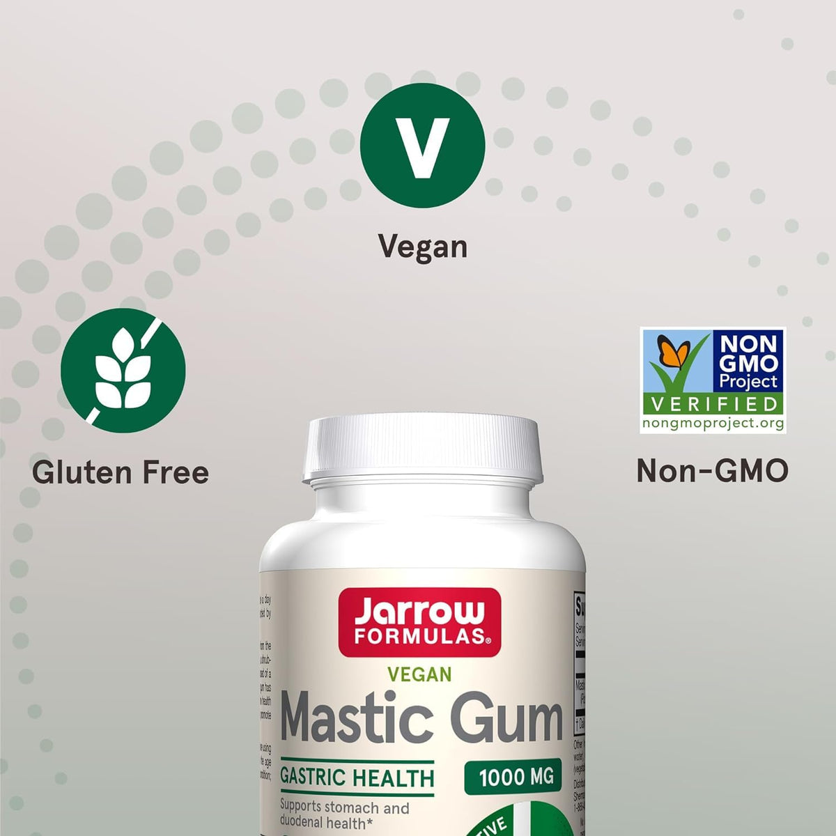 Jarrow Formulas Gomme Mastic 1000 mg capsules sur un fond naturel