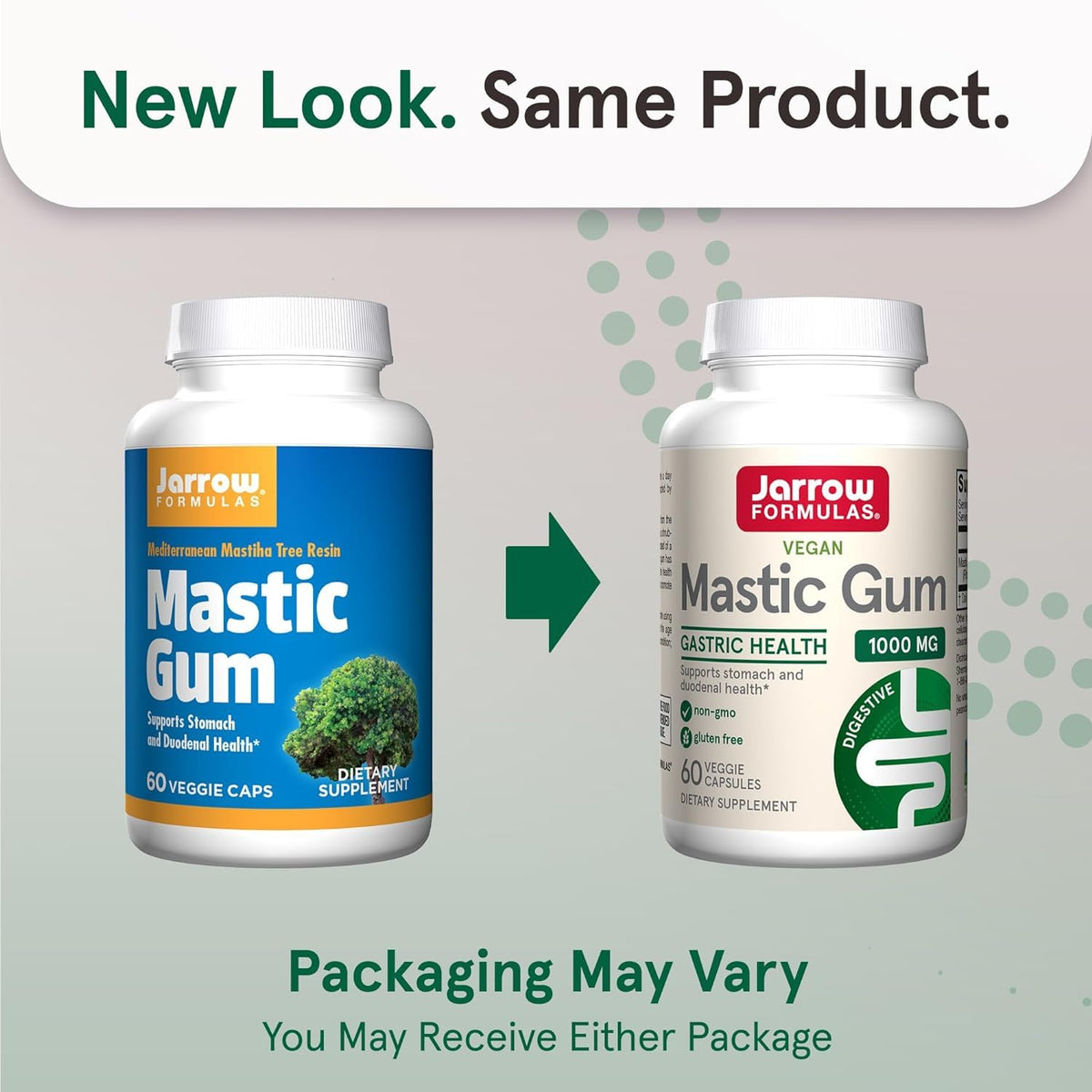 Jarrow Formulas Gomme Mastic 1000 mg capsules végétales sur une surface blanche