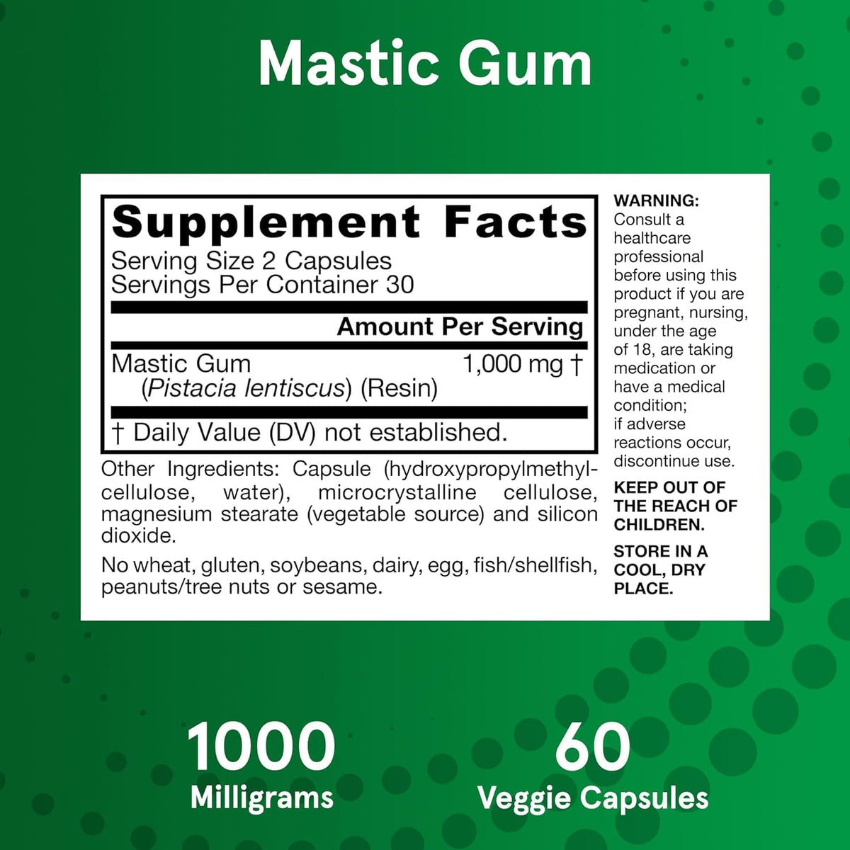 Jarrow Formulas Gomme Mastic 1000 mg flacon ouvert avec capsules