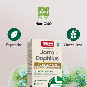 Jarrow Formulas Jarro-Dophilus Ultra Gut Rescue capsules sur une table