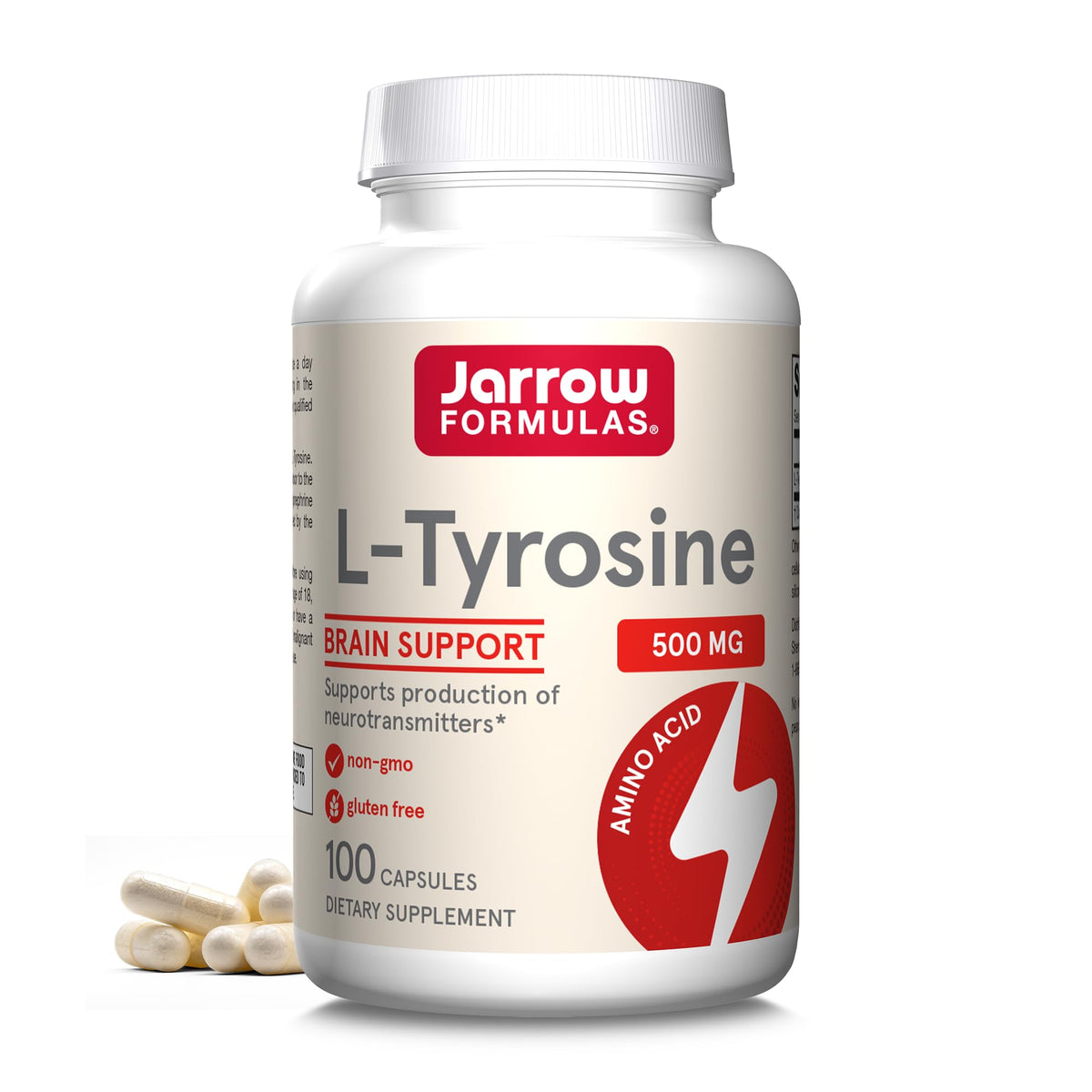 Jarrow Formulas L-Tyrosine 500 mg bouteille de 100 gélules vue de face