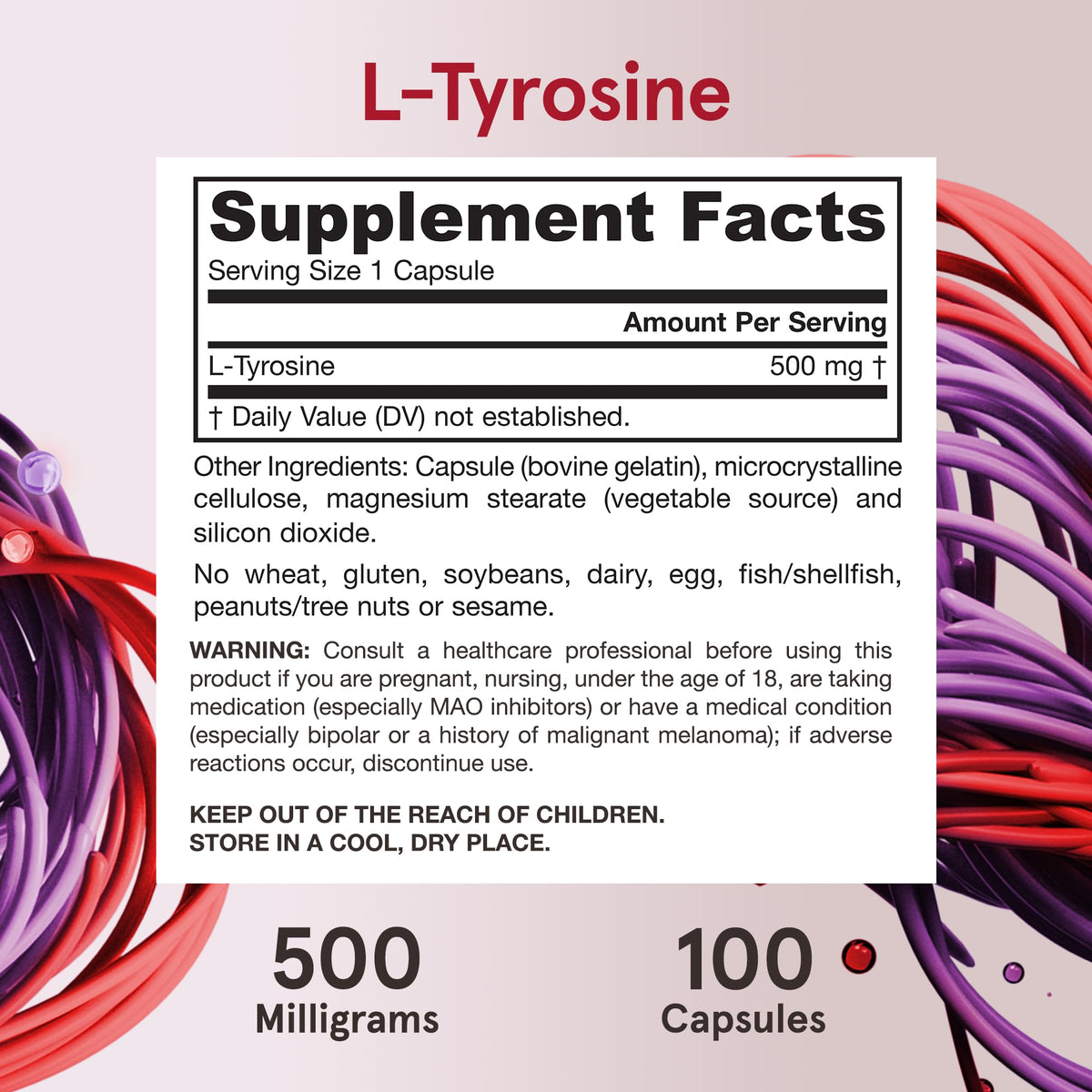 Jarrow Formulas L-Tyrosine 500 mg produit sur fond neutre