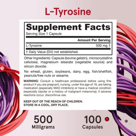 Jarrow Formulas L-Tyrosine 500 mg produit sur fond neutre