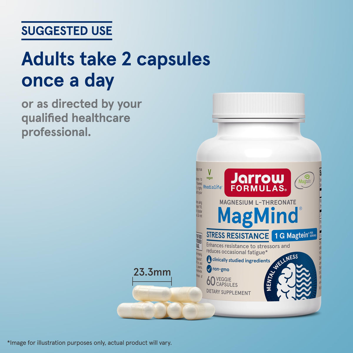 Jarrow Formulas MagMind avec ingrédients sur fond neutre
