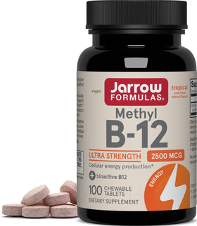 Jarrow Formulas Methyl B-12 2500 mcg comprimés à croquer devant un fond blanc