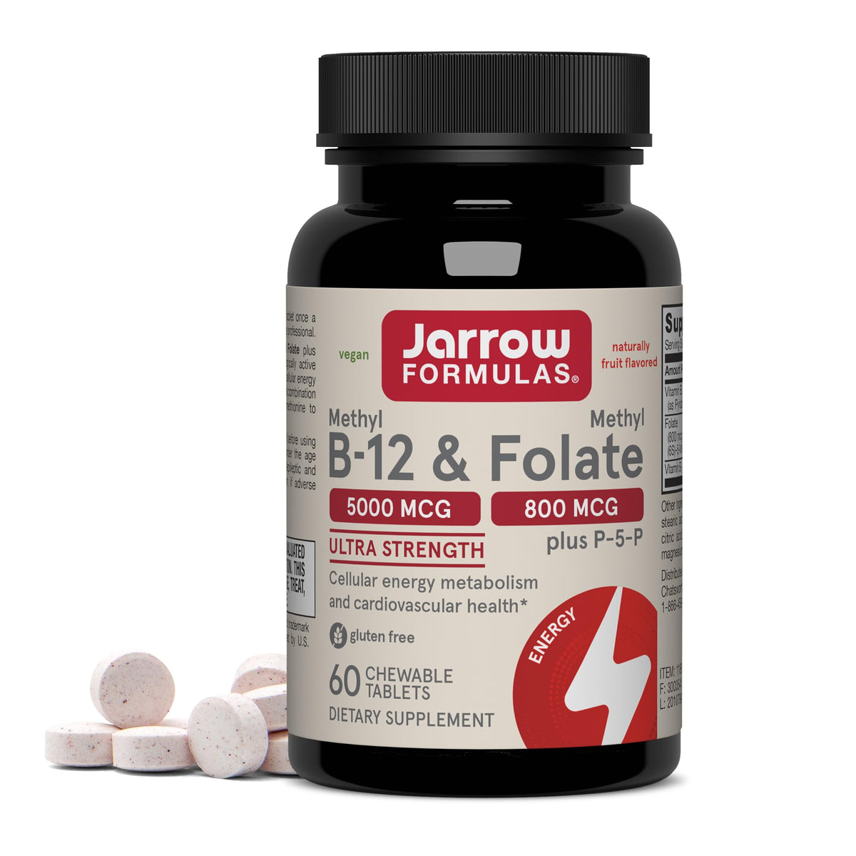 Jarrow Formulas Methyl B-12 & Methyl Folate comprimés à mâcher vue avant