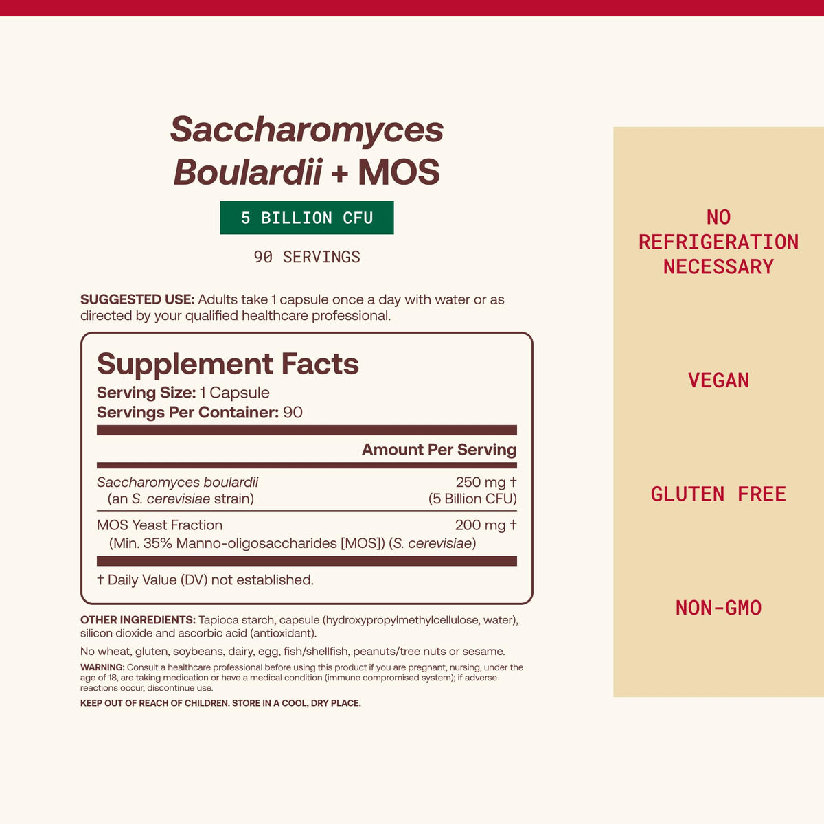 Jarrow Formulas Saccharomyces Boulardii + MOS 90 capsules végétales avec étiquette