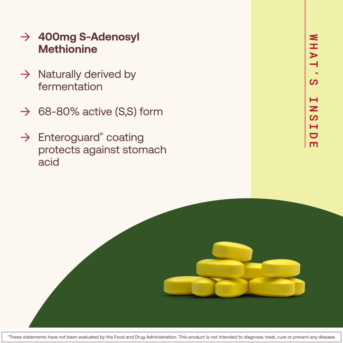 Jarrow Formulas SAMe 400 mg comprimés sur fond blanc