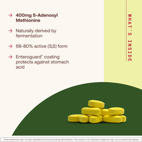 Jarrow Formulas SAMe 400 mg comprimés sur fond blanc