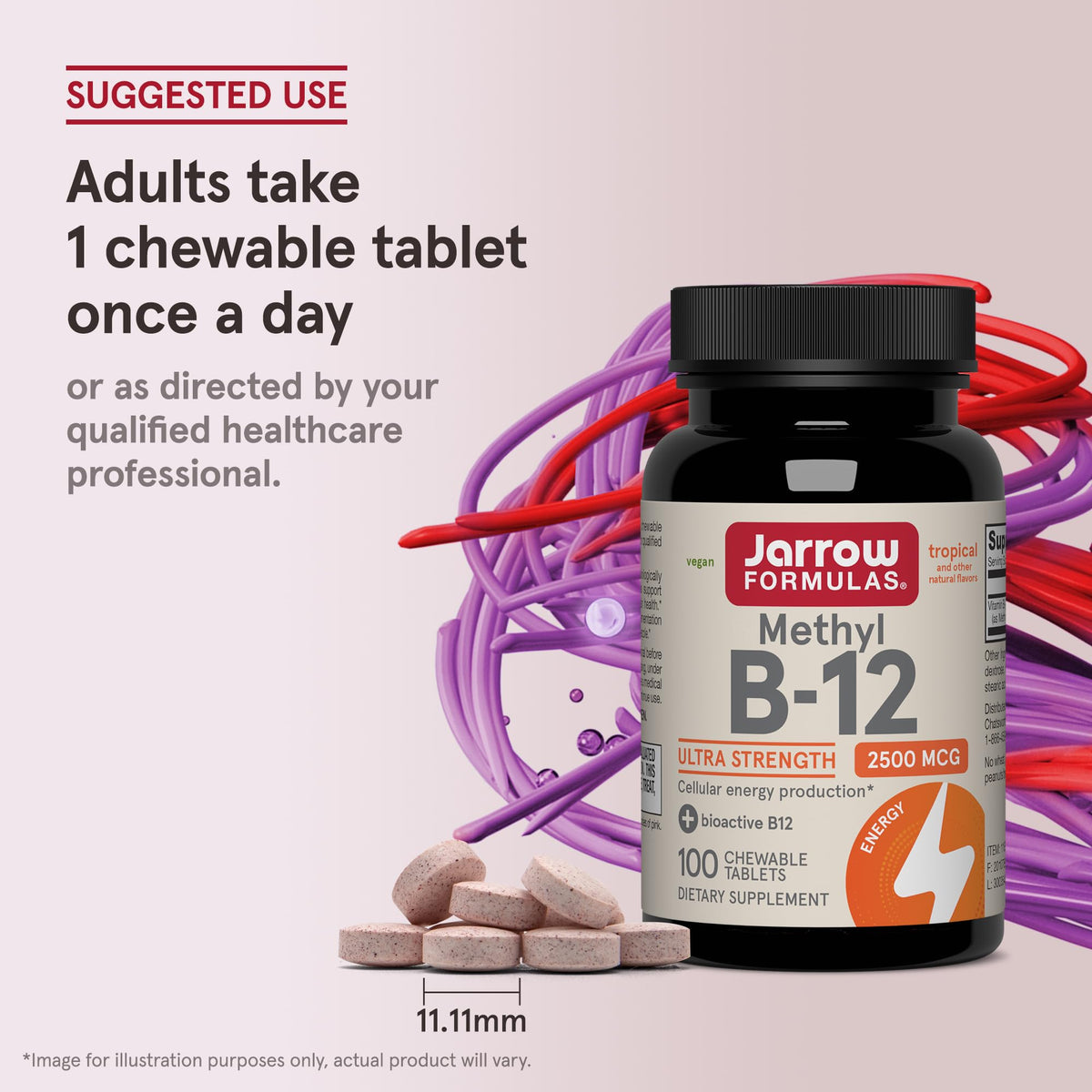 Jarrow Methyl B-12 2500 mcg comprimés à croquer avec une main tenant un comprimé