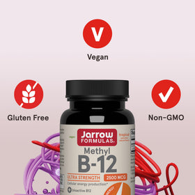 Jarrow Methyl B-12 comprimés à croquer avec des fruits en arrière-plan