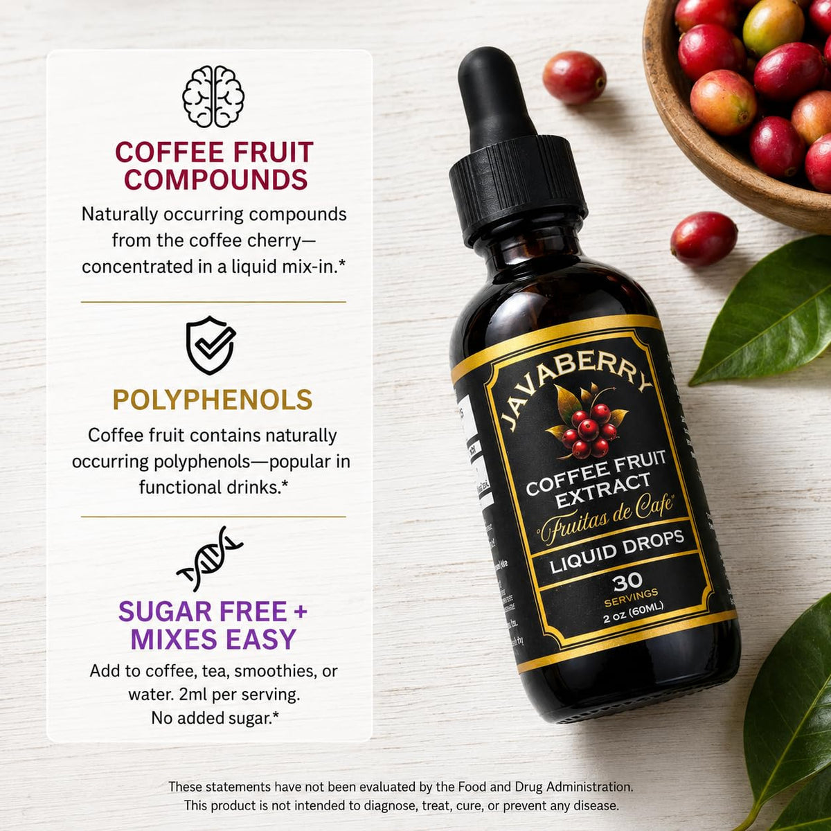 Javaberry Extrait de Fruit de Café Complet à côté d'une tasse de café