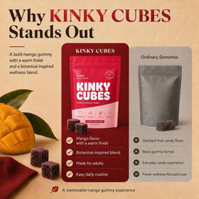 JellyFil Kinky Cubes Gummies à côté d'un verre d'eau
