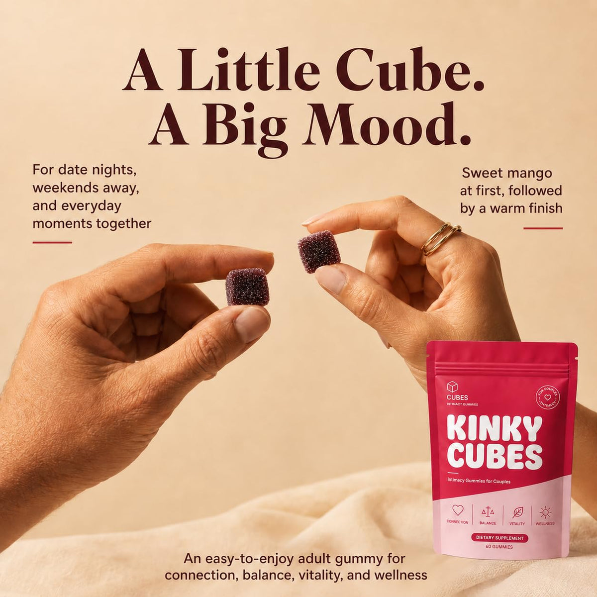 JellyFil Kinky Cubes Gummies en situation sur une table