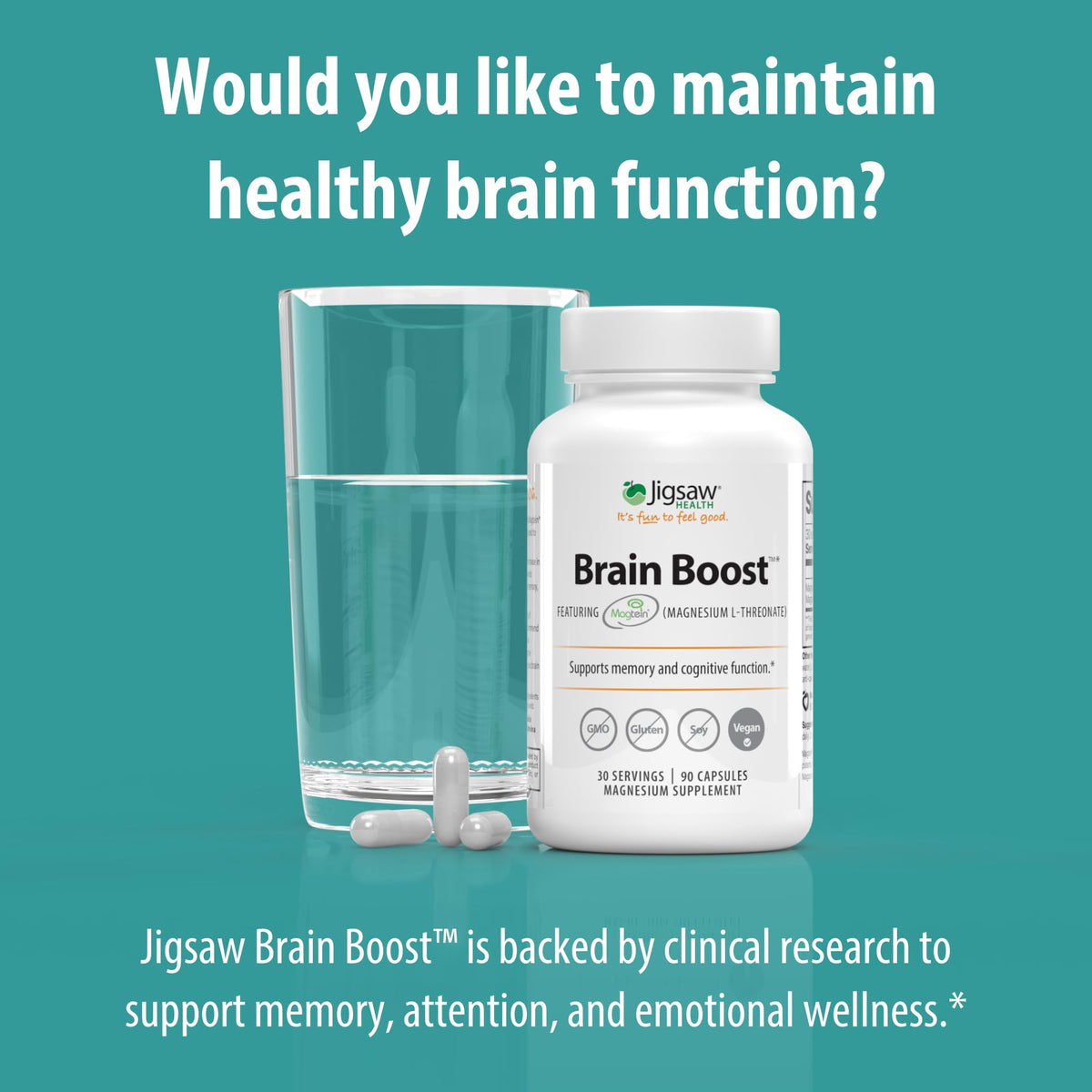 Jigsaw Health Brain support capsules sur une table