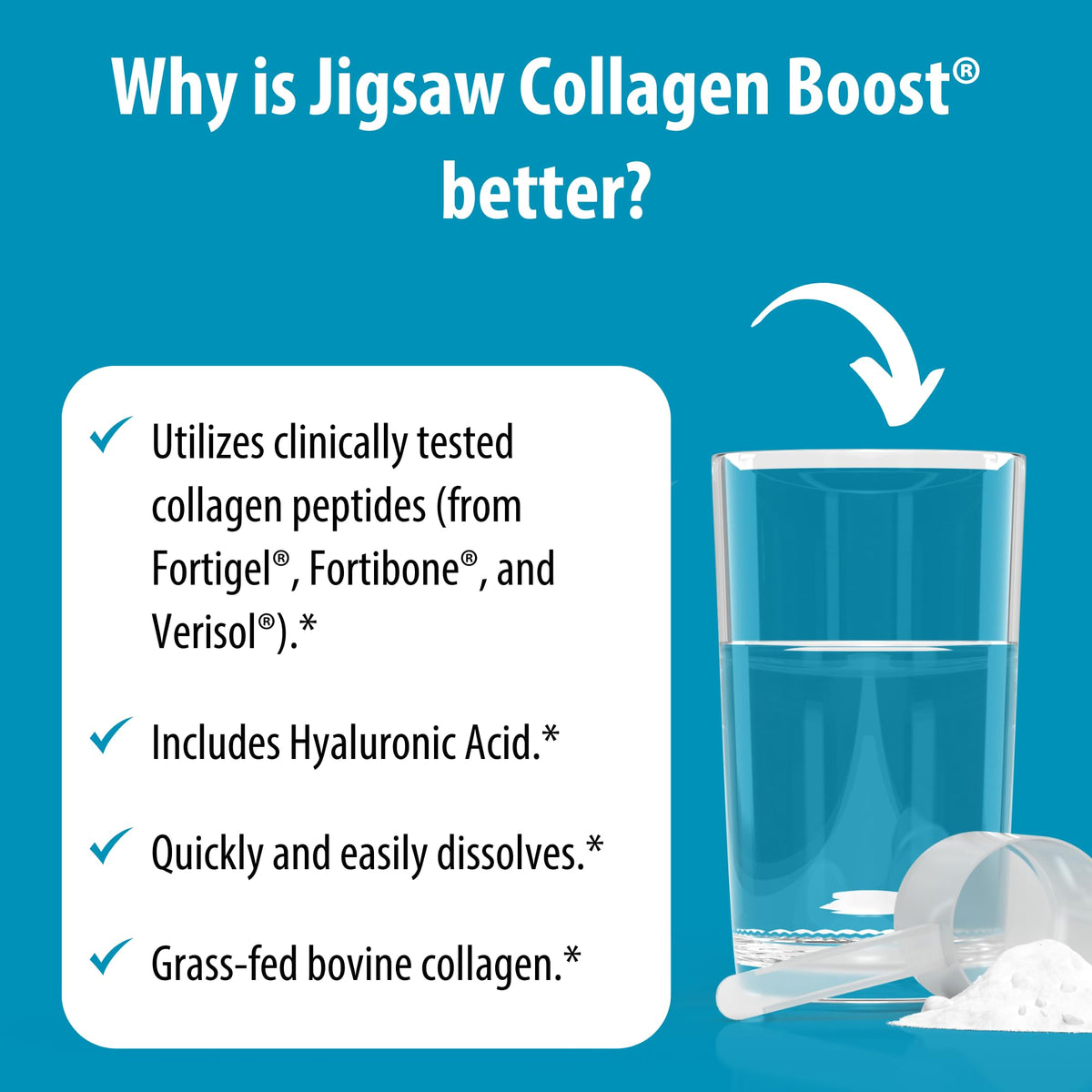 Jigsaw Health Collagen support 30 portions sur une table avec des ingrédients