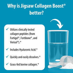 Jigsaw Health Collagen support 30 portions sur une table avec des ingrédients